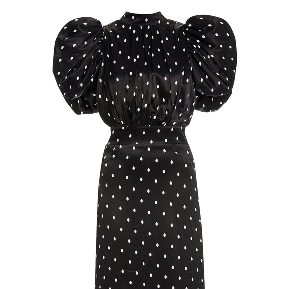 ROTATE Dawn Polka-Dot Satin Puff-Sleeve Midi Dress - Picture 1 of 9